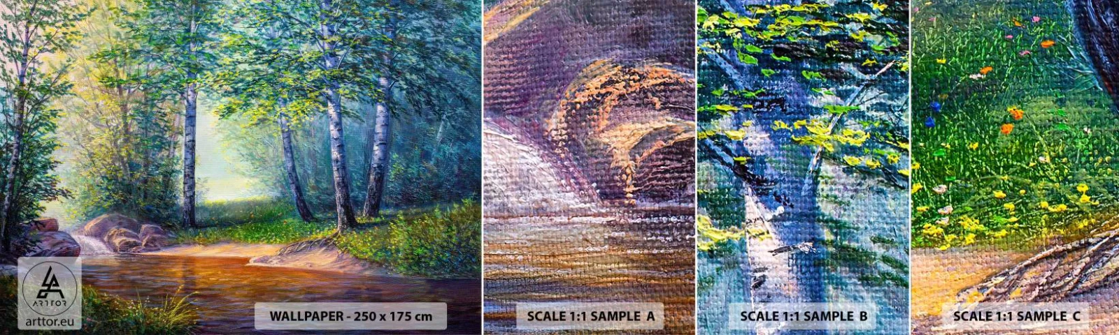 Provbit av självhäftande fototapet Deluxe Sticker - Idyllisk vy - Landskap, Skog, Flod - 100x30 cm