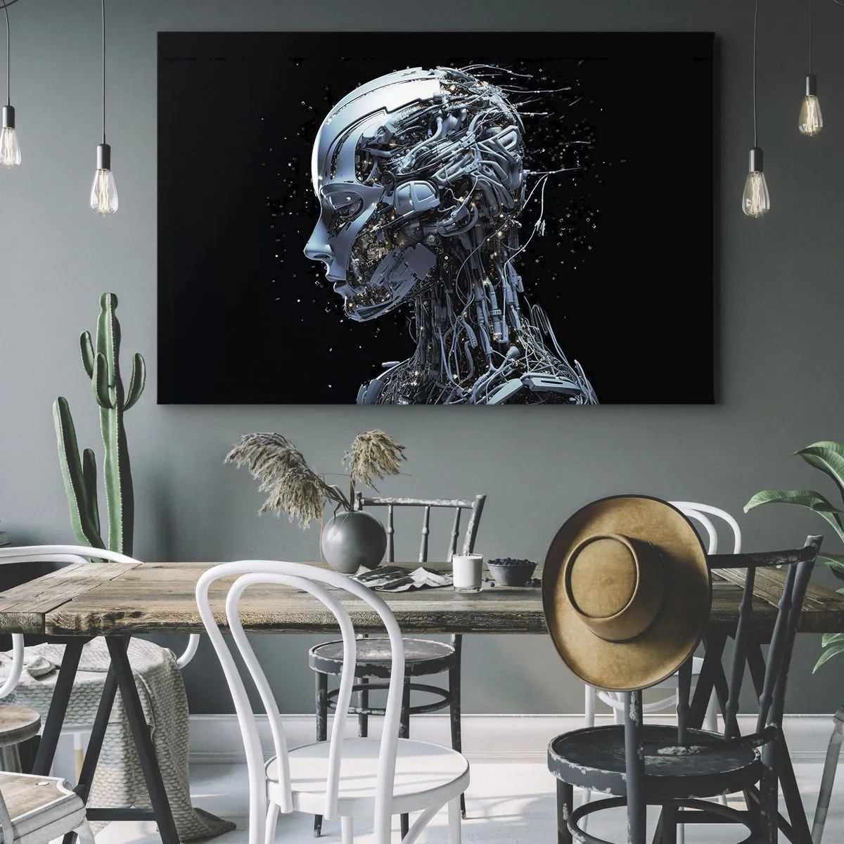 Canvastavla - Bild på duk - Futuristiskt porträtt av en cyborg i industriell stil mot svart bakgrund. - 70x50cm - Teknik är en kvinna - Modern väggdekoration för vardagsrum och sovrum ARTTOR