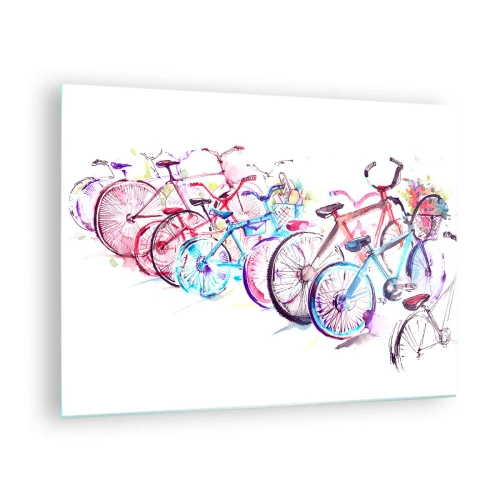 Glastavla - Bild på glas - Färgglada cyklar i akvarellstil - 70x50cm - Antimotoklubbens träff - Modern väggdekoration för vardagsrum och sovrum ARTTOR