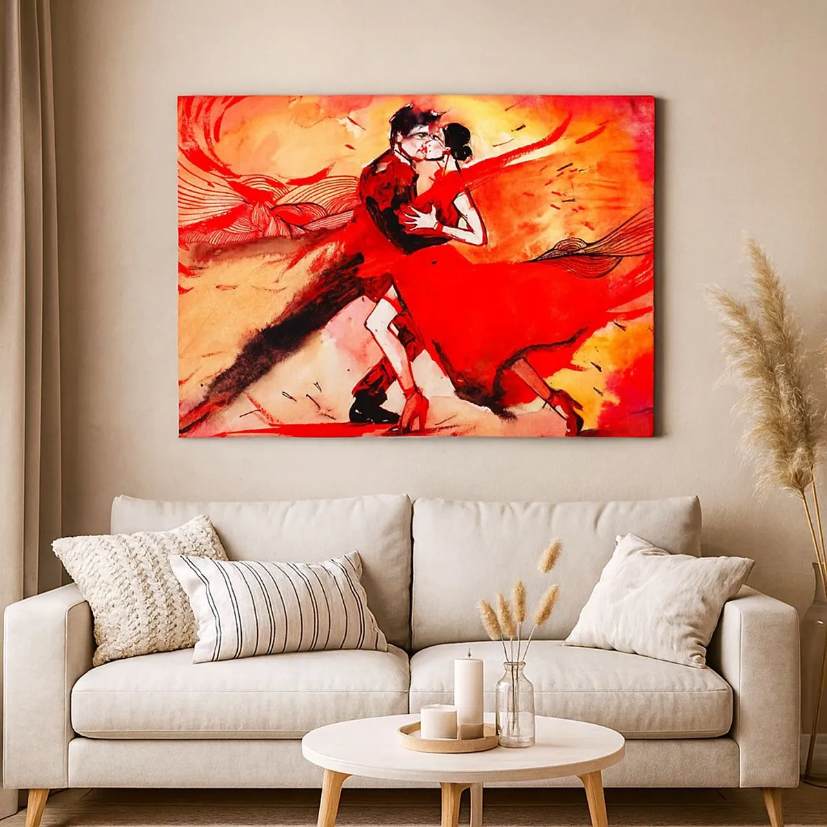 Canvastavla - Bild på duk - Ett par som dansar tango i röda toner mot en dynamisk bakgrund. - 70x50cm - Passionens lila rytm - Modern väggdekoration för vardagsrum och sovrum ARTTOR