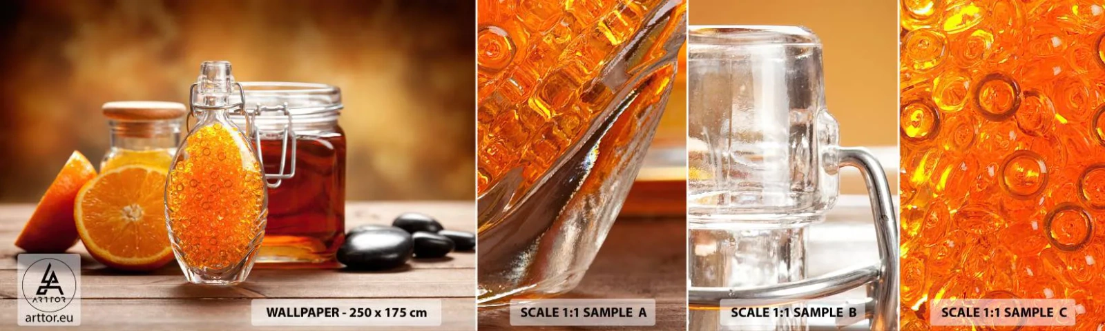 Provbit av självhäftande fototapet Deluxe Sticker - Soliga smaker och aromer - Gastronomi, Orange, Burk Med Honung - 100x30 cm