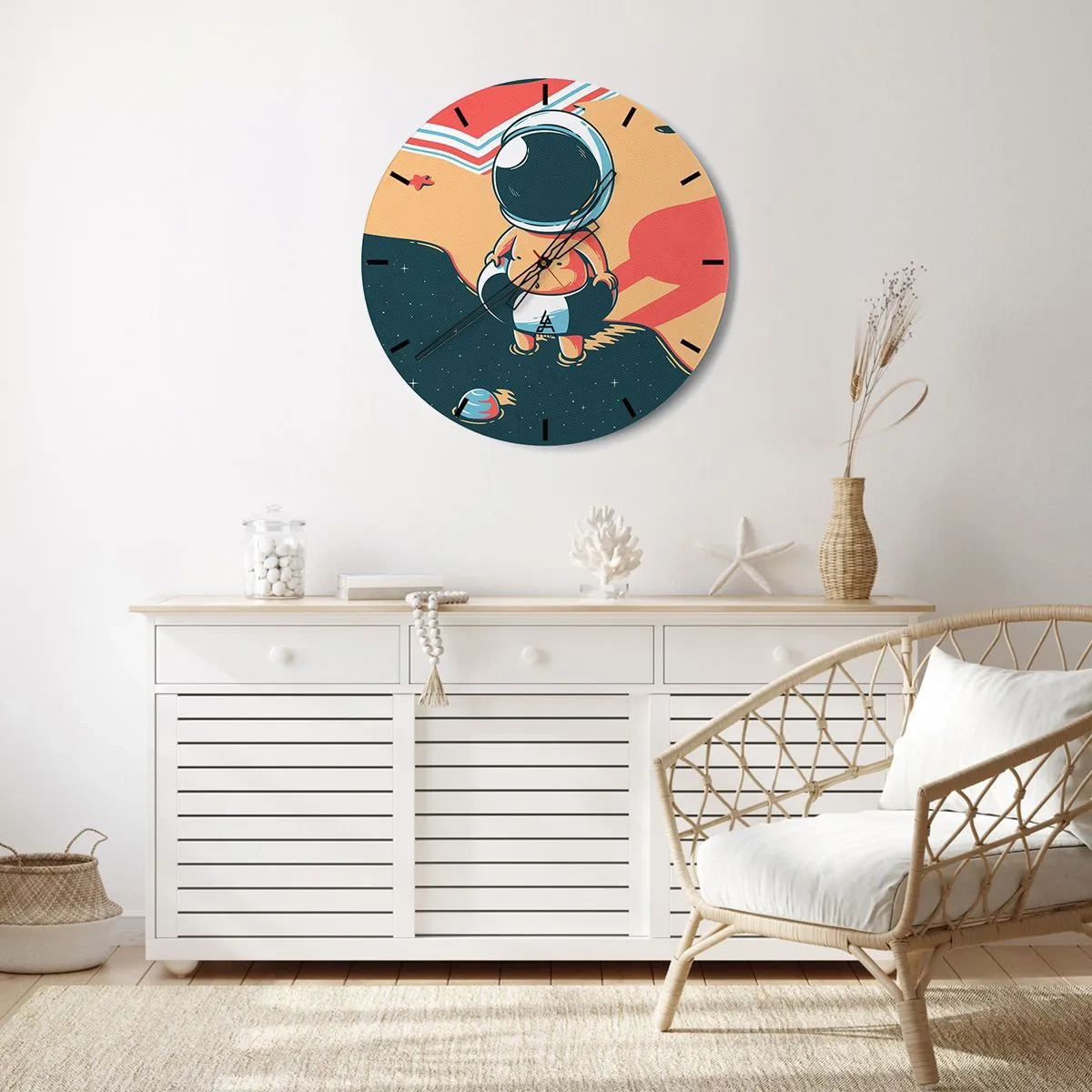 Väggklocka - Klocka på glas - Astronaut mot en rymdbakgrund i retrostil - 30x30cm - Ur ett annat perspektiv - Modern väggdekoration för vardagsrum, kök och sovrum ARTTOR