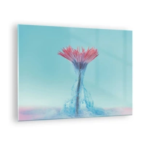 Glastavla - Bild på glas - En fantasifull blomma nedsänkt i ett blått och rosa dis - 70x50cm - I upplivande famn - Modern väggdekoration för vardagsrum och sovrum ARTTOR