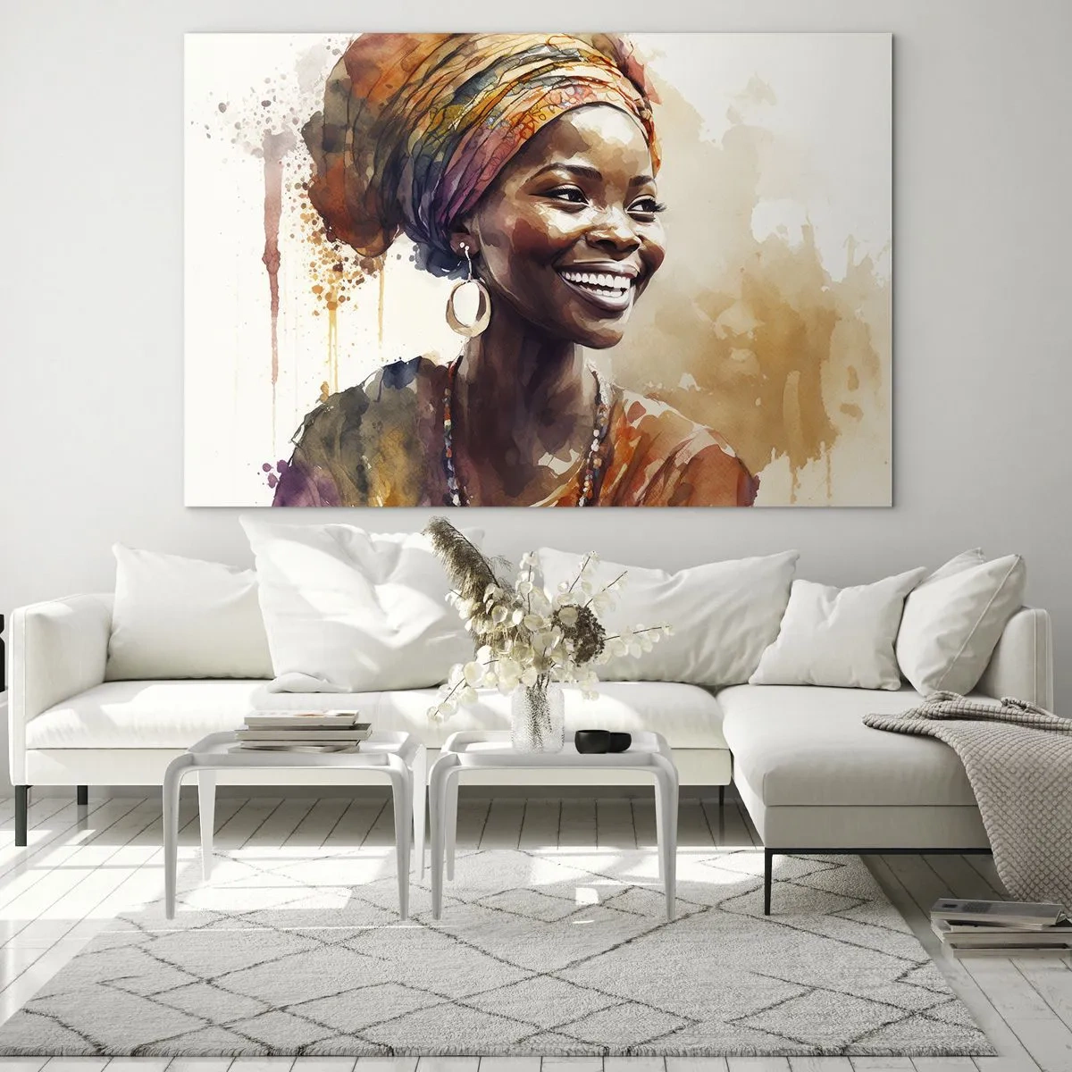 Glastavla - Bild på glas - Akvarellporträtt av en leende kvinna i turban - 70x50cm - Afrikansk drottning - Modern väggdekoration för vardagsrum och sovrum ARTTOR