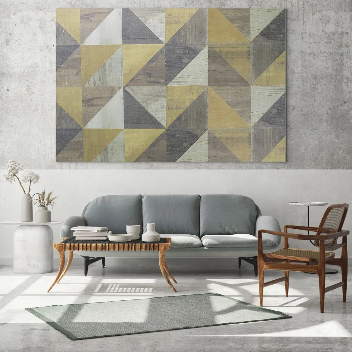Glastavla - Bild på glas - Geometriskt mönster av trianglar i dämpade färger - 70x50cm - Under triangelns vinkel - Modern väggdekoration för vardagsrum och sovrum ARTTOR