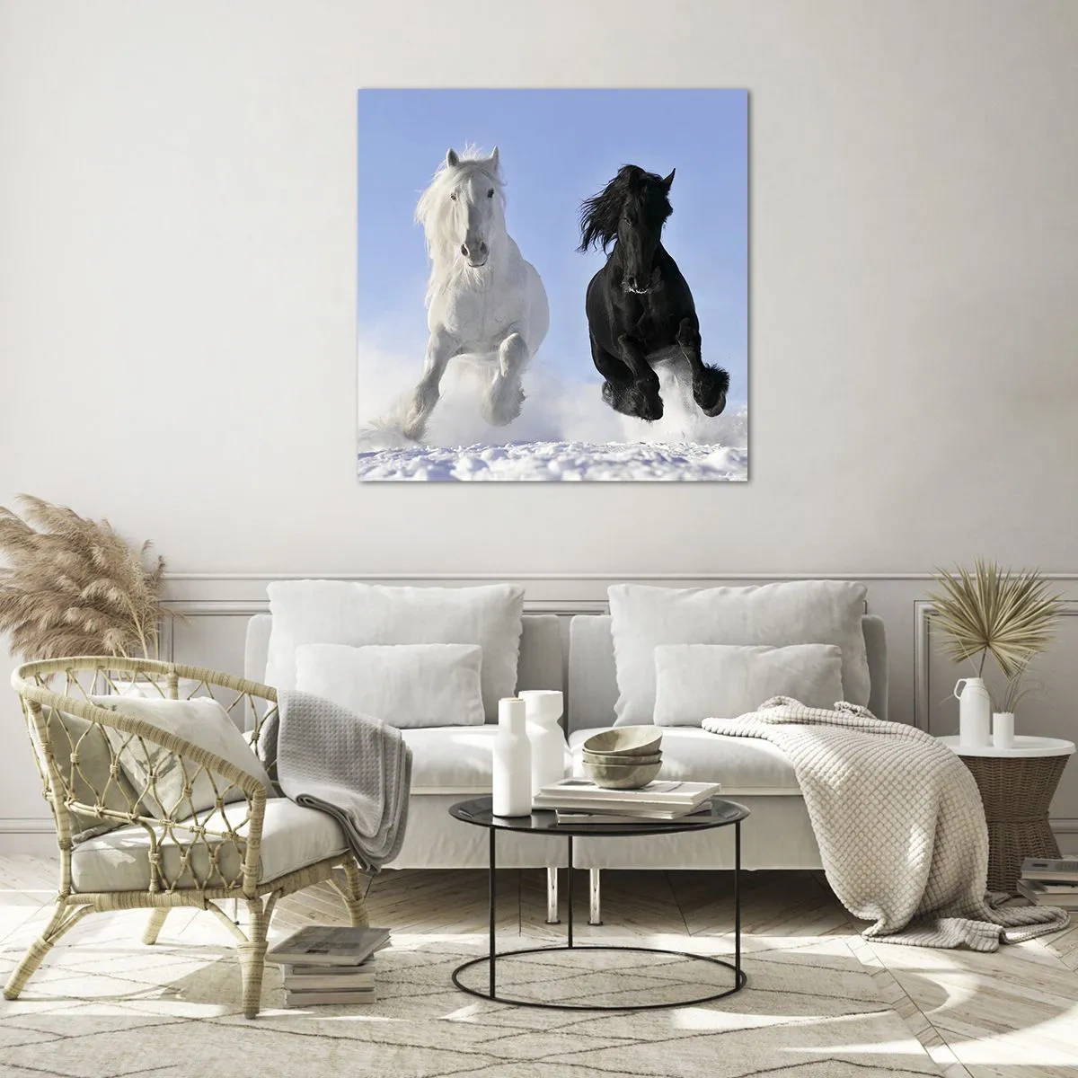 Glastavla - Bild på glas - Svart-vit galopp - 70x70 cm