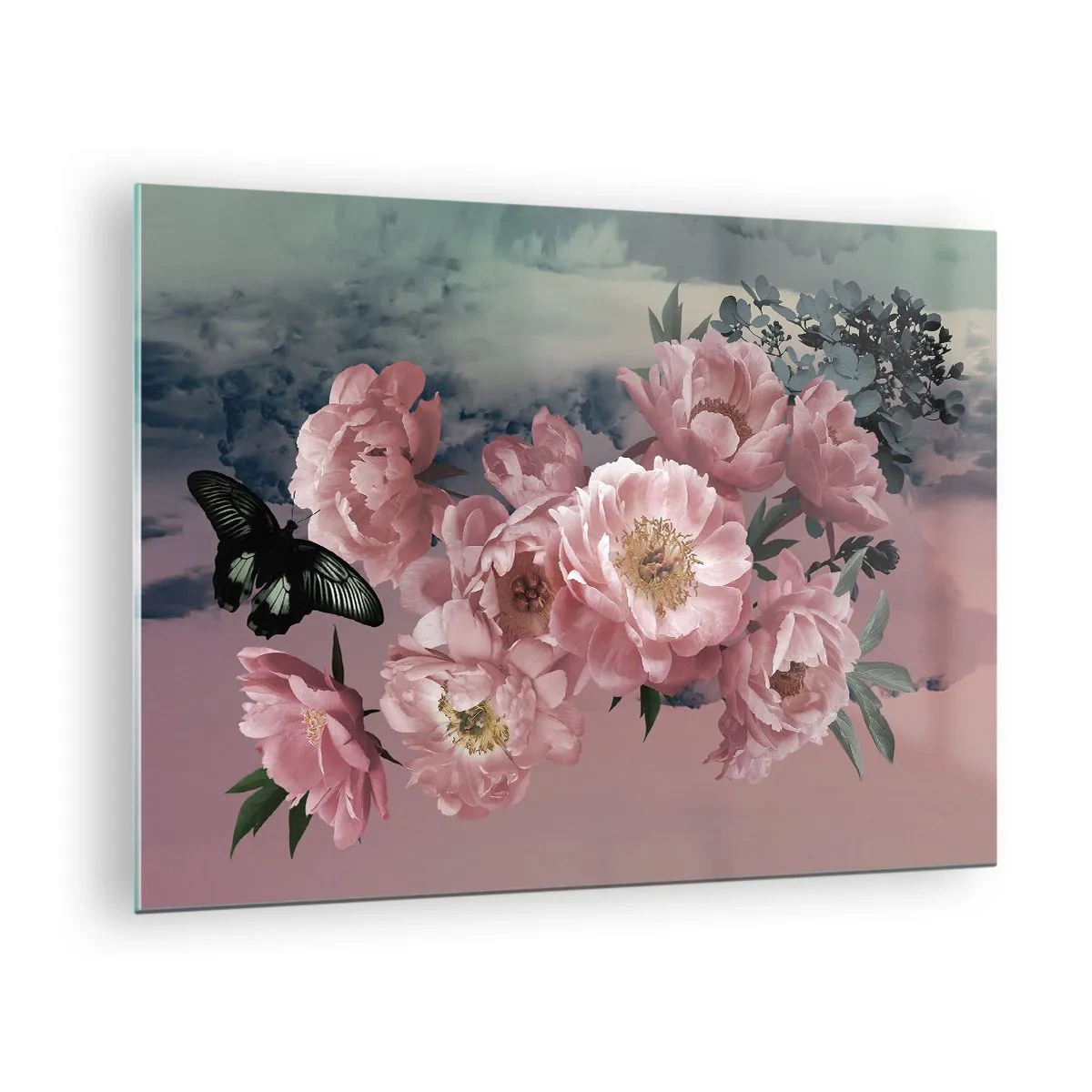 Glastavla - Bild på glas - Rosa pioner med en fjäril mot himlen - 70x50cm - Romantikens höjdpunkt - Modern väggdekoration för vardagsrum och sovrum ARTTOR