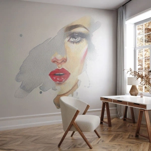 Självhäftande Fototapet Deluxe Sticker - Reflektion i vattendroppe - Kvinnans ansikte, Kvinna, röda läppar - 250x175 cm