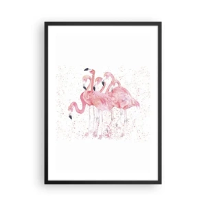 Affisch i svart ram - En grupp rosa flamingos på en vit bakgrund - 50x70cm - Rosa bandet - Modern väggdekoration för vardagsrum och sovrum ARTTOR