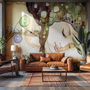Fototapet Standard Eco - Akvarell illustration av en sovande kvinna i en abstrakt miljö - 100x70cm - Smaragd-viol dröm - Modern väggdekoration för vardagsrum och sovrum ARTTOR