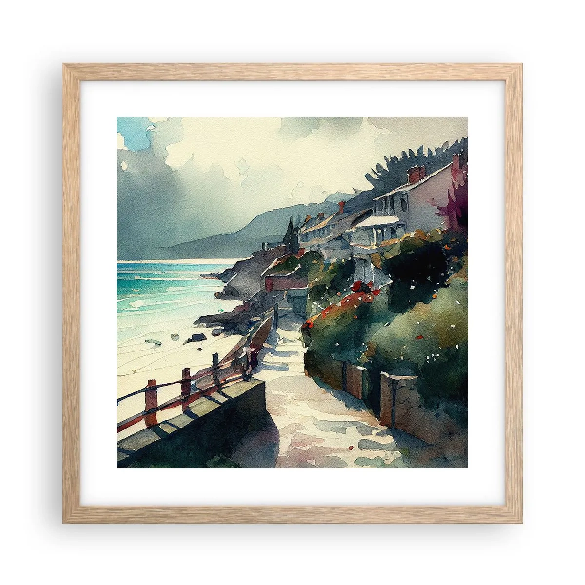 Affisch i ram av ljusek - Medelhavsstad - 40x40 cm