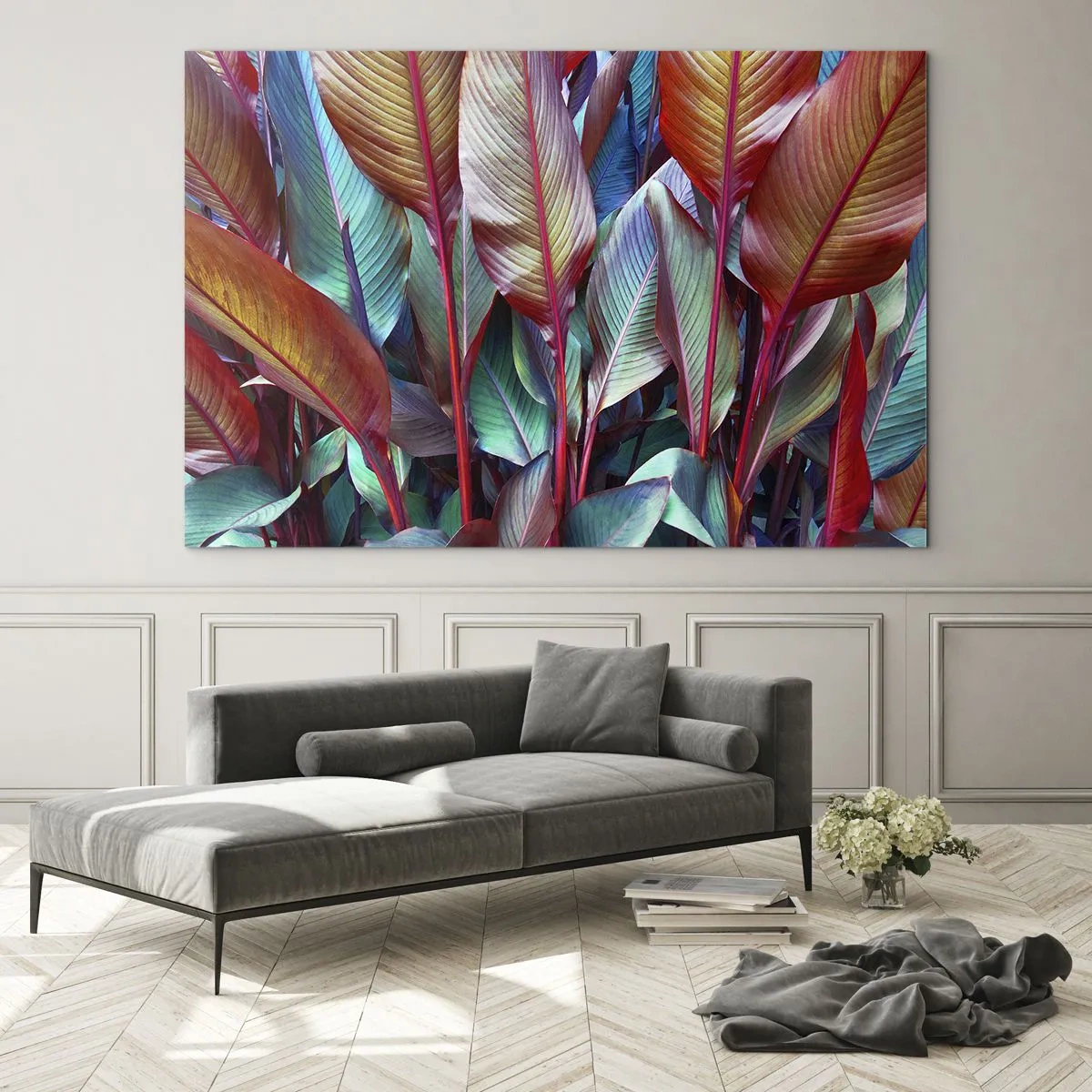 Glastavla - Bild på glas - Ett färgglatt lövsnår i nyanser av rött, grönt och lila - 70x50cm - En färgglad tätskog - Modern väggdekoration för vardagsrum och sovrum ARTTOR