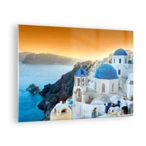 Glastavla - Bild på glas - Utsikt över Santorini med dess blå kupoler och klippor - 70x50cm - Santorini - inbäddat i berg - Modern väggdekoration för vardagsrum och sovrum ARTTOR