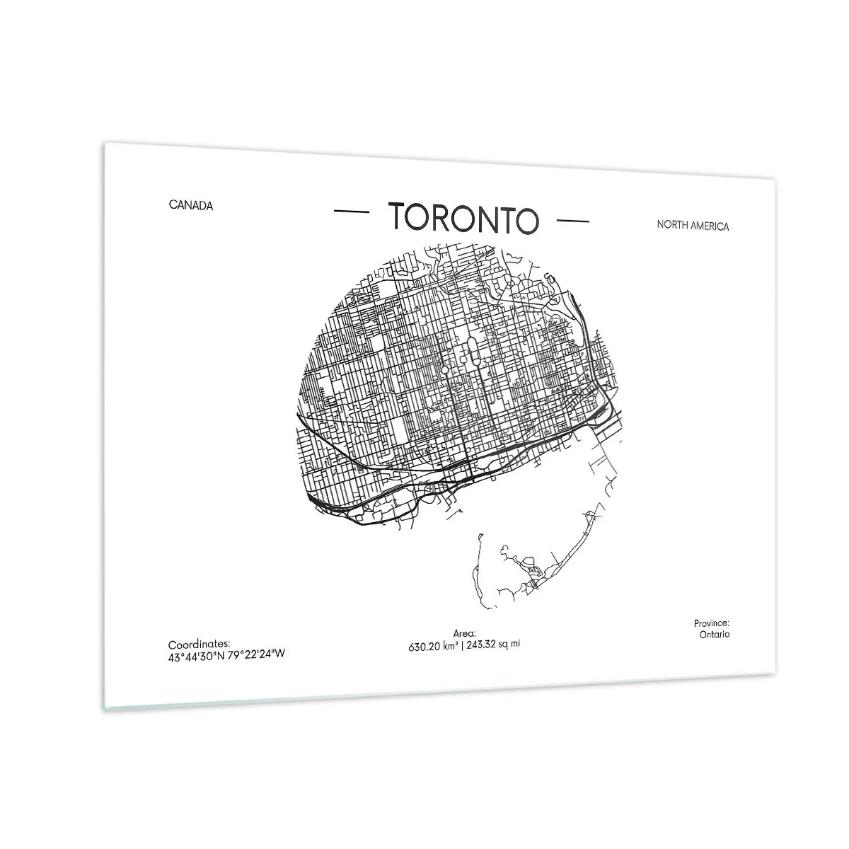 Glastavla - Bild på glas - En minimalistisk karta över Toronto med ett gaturat. - 70x50cm - Torontos anatomi - Modern väggdekoration för vardagsrum och sovrum ARTTOR