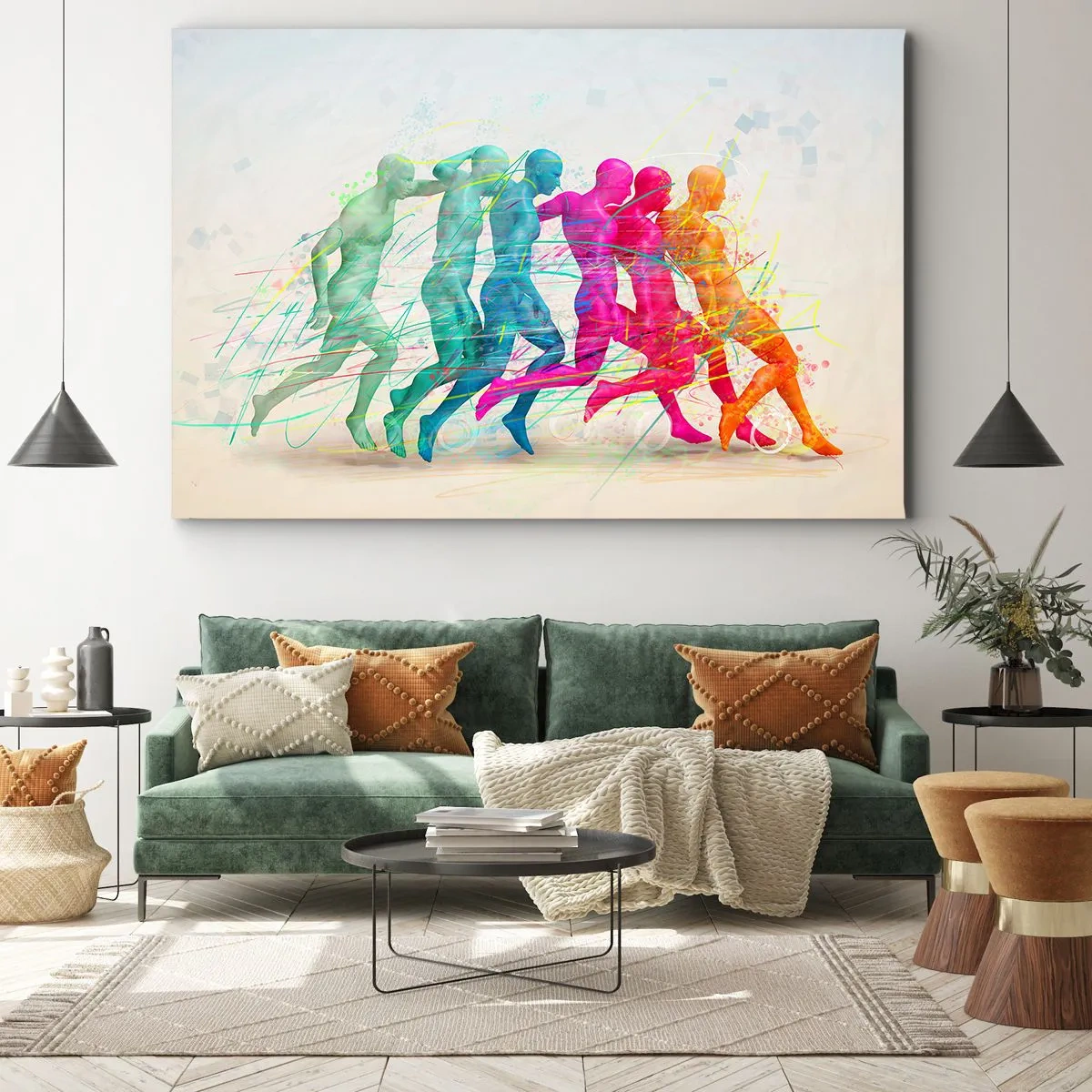 Canvastavla - Bild på duk - Färgglada silhuetter av löpare i rörelse - 70x50cm - Rörelsens harmoni - Modern väggdekoration för vardagsrum och sovrum ARTTOR