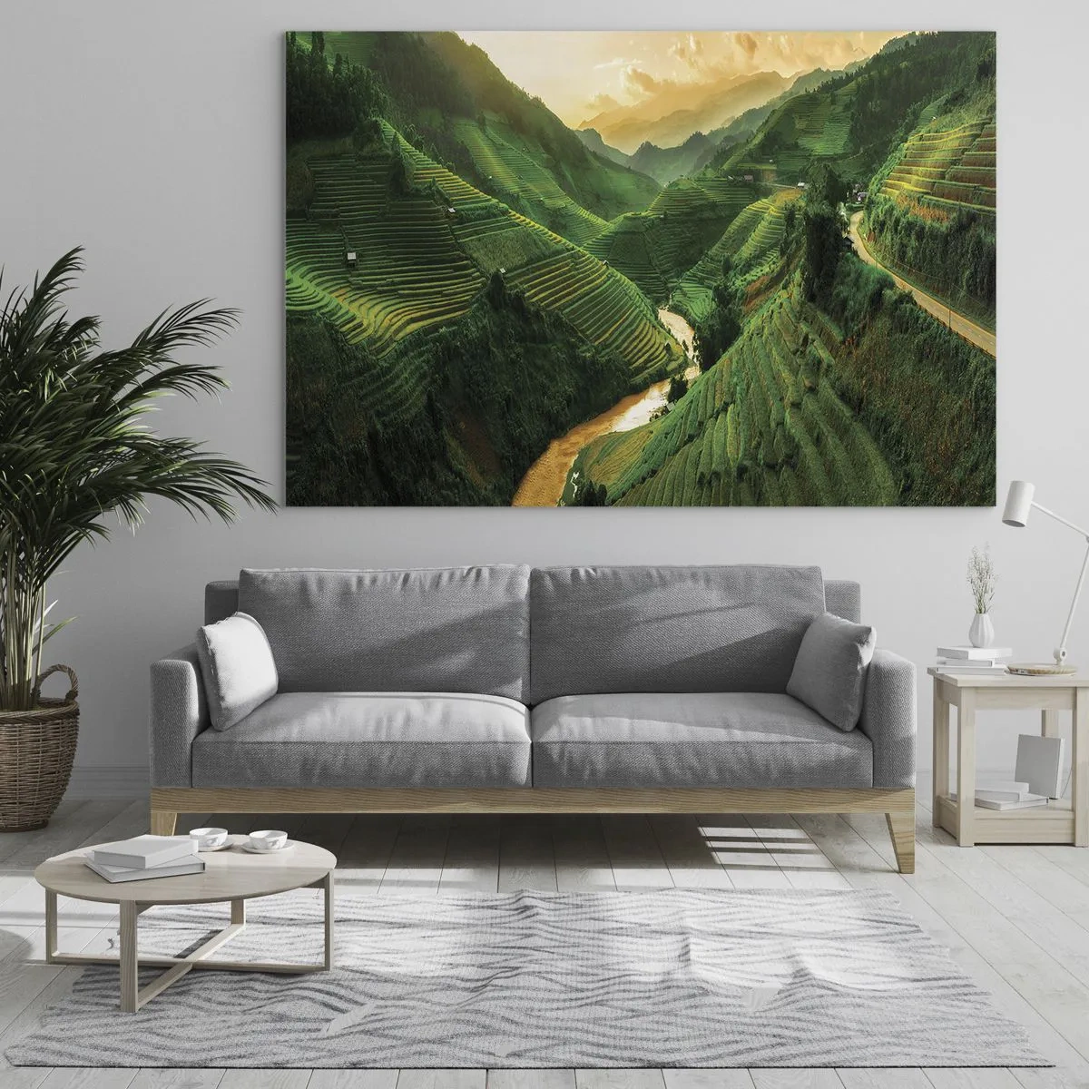 Glastavla - Bild på glas - Pittoreska risterrasser i dalen vid solnedgången - 70x50cm - Vietnamesisk dal - Modern väggdekoration för vardagsrum och sovrum ARTTOR