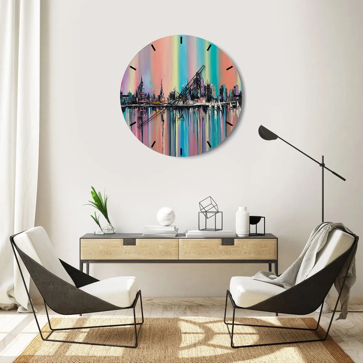 Väggklocka - Klocka på glas - Ett färgglatt stadspanorama som speglas i vattnet - 30x30cm - Nattens ljus - Modern väggdekoration för vardagsrum, kök och sovrum ARTTOR