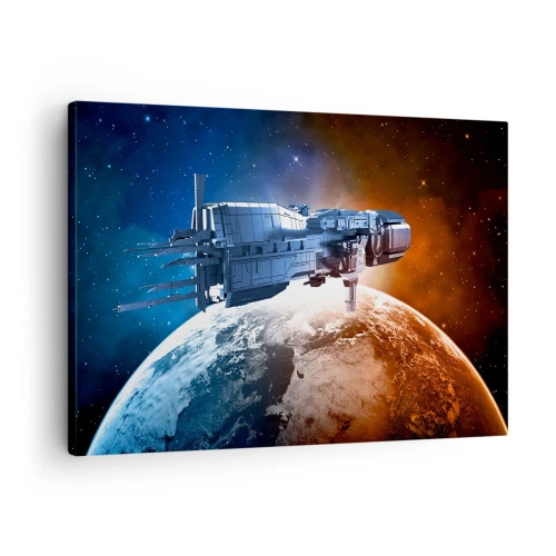 Canvastavla - Bild på duk - Ett rymdskepp mot bakgrund av en planet i rymden - 70x50cm - Uppmärksam åskådare - Modern väggdekoration för vardagsrum och sovrum ARTTOR
