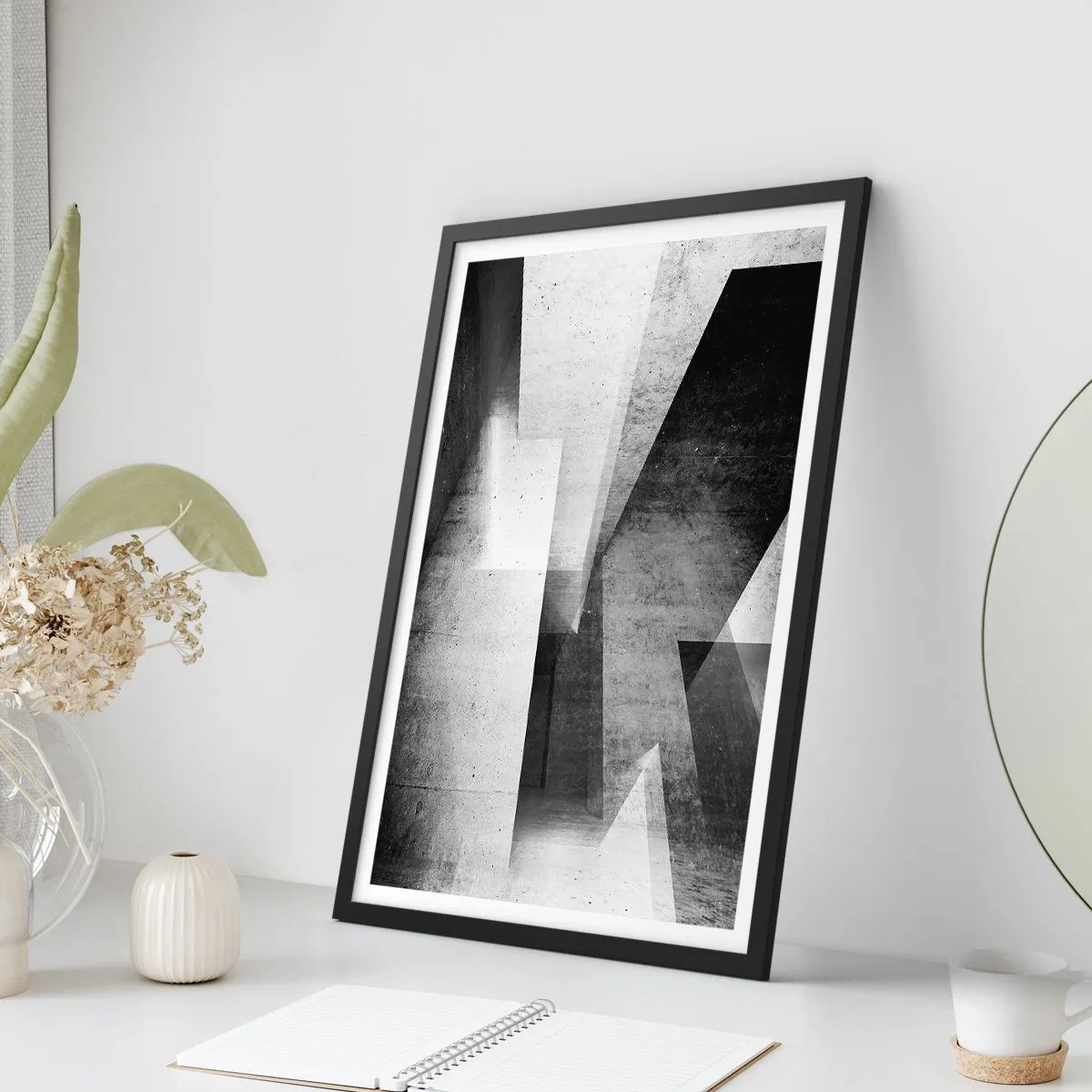 Affisch i svart ram - Geometrisk abstraktion i svartvitt - 50x70cm - Rummets struktur - Modern väggdekoration för vardagsrum och sovrum ARTTOR