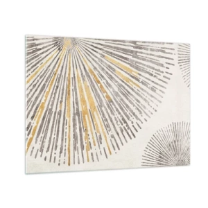 Glastavla - Bild på glas - Radiella linjer i nyanser av guld och grått mot en ljus bakgrund - 70x50cm - Radiens skönhet - Modern väggdekoration för vardagsrum och sovrum ARTTOR
