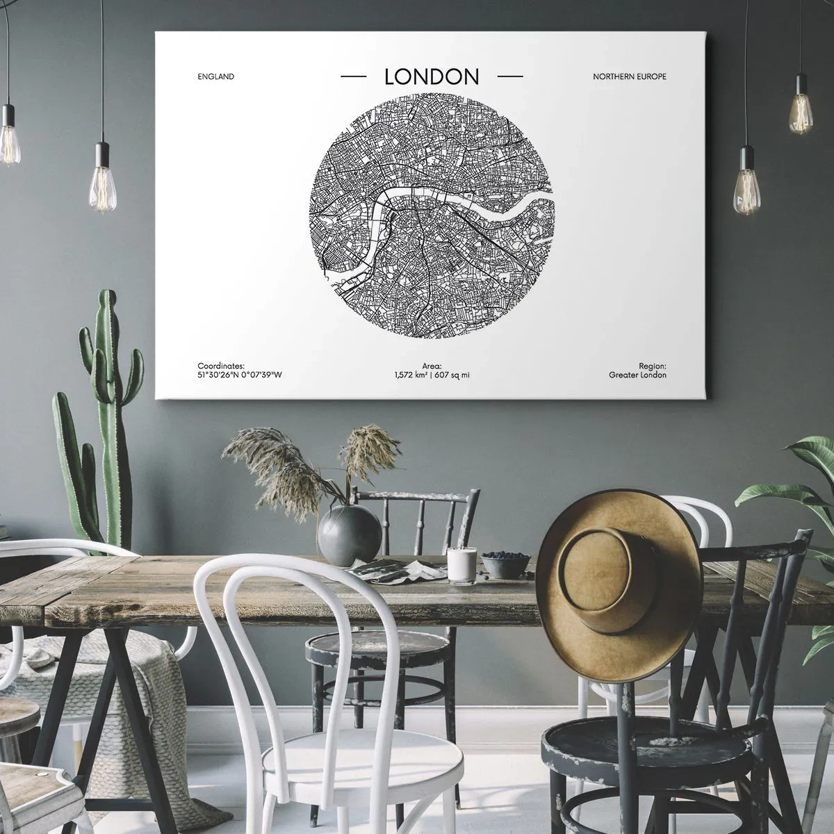 Canvastavla - Bild på duk - En minimalistisk karta över London i svartvitt med exakta detaljer. - 70x50cm - Londons anatomi - Modern väggdekoration för vardagsrum och sovrum ARTTOR