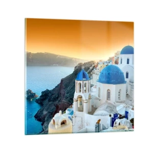 Glastavla - Bild på glas - Santorini - inbäddat i berg - 60x60 cm