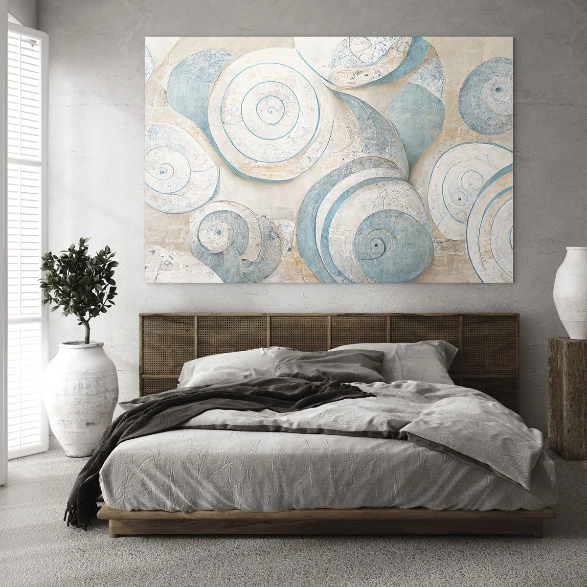 Glastavla - Bild på glas - Snäckor i en blå och beige palett på en strukturerad bakgrund - 70x50cm - Vad döljer musslan? - Modern väggdekoration för vardagsrum och sovrum ARTTOR