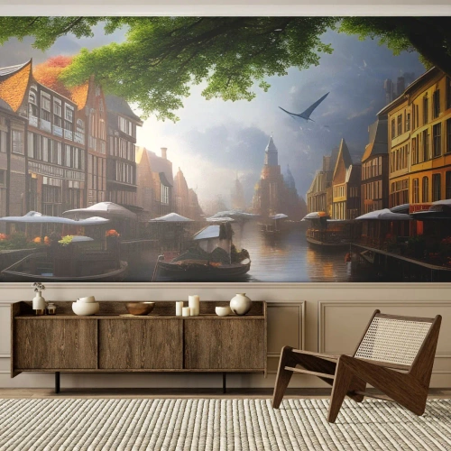 Fototapet Premium Canvas - Holländsk stadsbild - Gammal stad, Båtar, Kanal - 450x315 cm