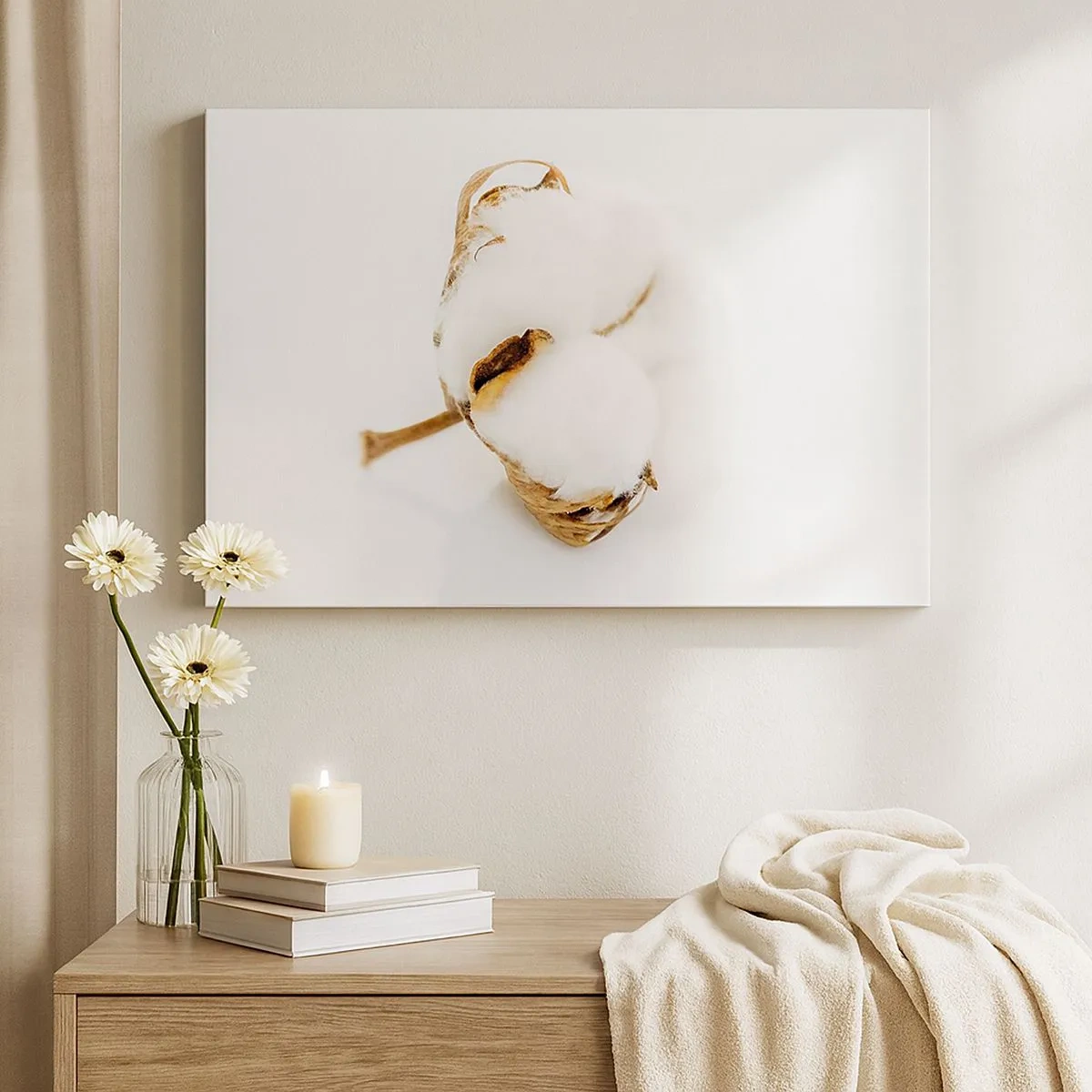 Canvastavla - Bild på duk - En bomullskvist mot en ljus bakgrund i minimalistisk stil - 70x50cm - Mjuk av naturen - Modern väggdekoration för vardagsrum och sovrum ARTTOR
