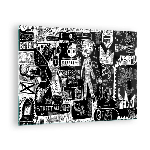 Glastavla - Bild på glas - Svartvit gatukonstgrafik med karaktärer och symboler - 70x50cm - Unga själens rättigheter och glädje - Modern väggdekoration för vardagsrum och sovrum ARTTOR