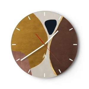 Väggklocka - Klocka på glas - Abstrakta former i nyanser av brunt, beige och guld - 30x30cm - Abstraktion - en plats i rymden - Modern väggdekoration för vardagsrum, kök och sovrum ARTTOR