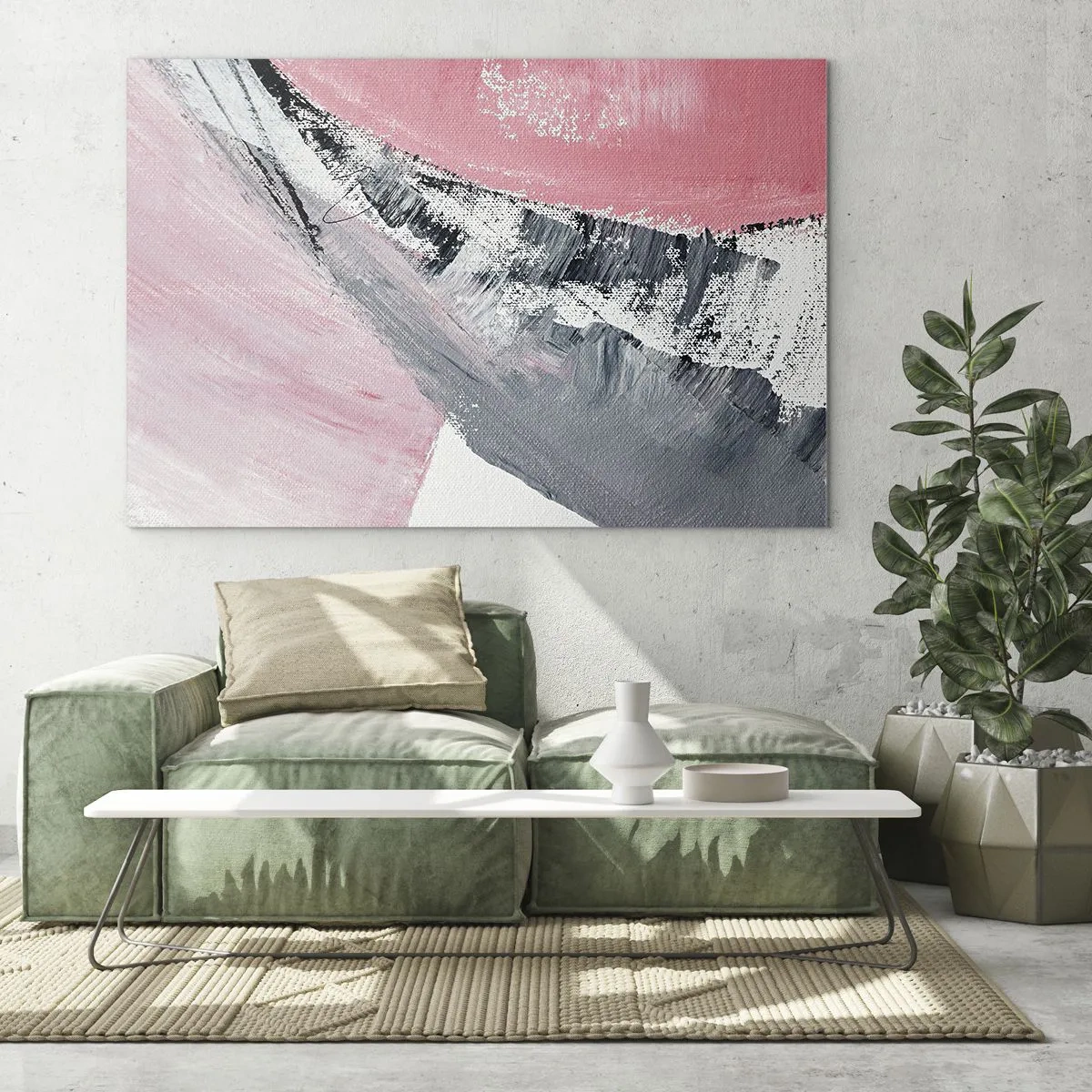 Glastavla - Bild på glas - Modern abstraktion i rosa, vitt och grått med penseldragsstruktur - 70x50cm - Anpassad komposition - Modern väggdekoration för vardagsrum och sovrum ARTTOR