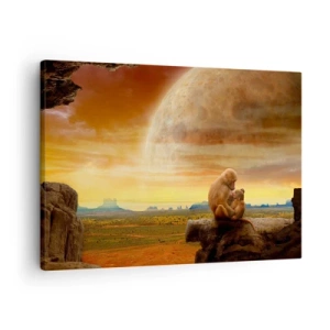 Canvastavla - Bild på duk - Apor som sitter på en sten i ett surrealistiskt landskap med en jätteplanet - 70x50cm - Samma kärlek överallt - Modern väggdekoration för vardagsrum och sovrum ARTTOR