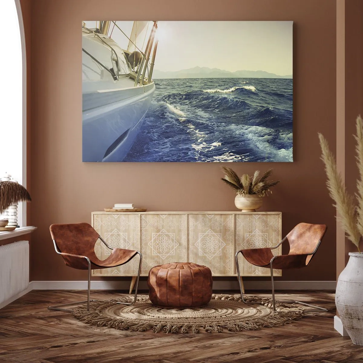 Canvastavla - Bild på duk - En yacht på öppet hav med utsikt över vågorna - 70x50cm - Mot äventyret - Modern väggdekoration för vardagsrum och sovrum ARTTOR