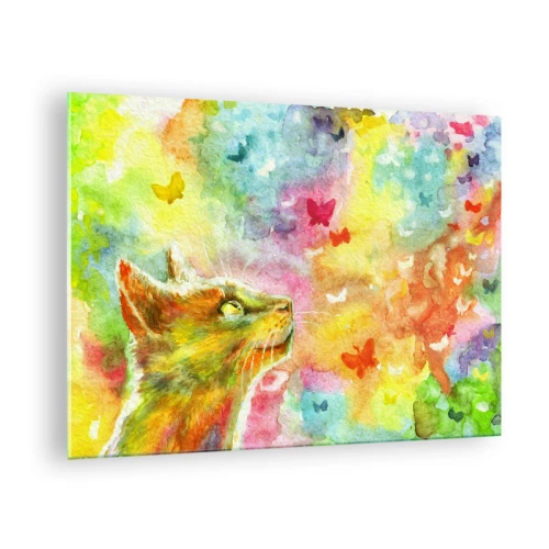 Glastavla - Bild på glas - En katt som observerar färgglada fjärilar mot en pastellbakgrund. - 70x50cm - I kattparadiset - Modern väggdekoration för vardagsrum och sovrum ARTTOR
