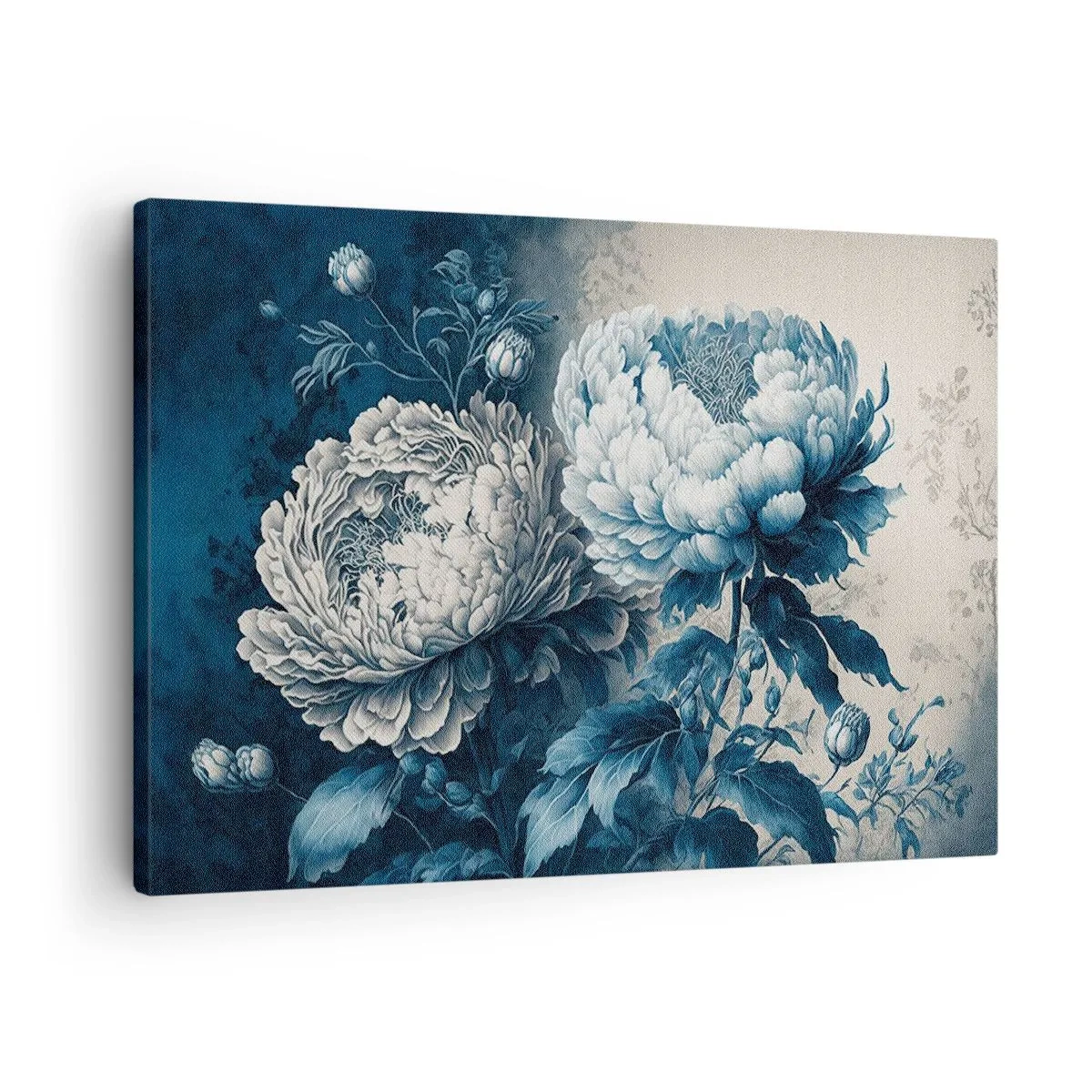 Canvastavla - Bild på duk - Blå pioner på en diskret bakgrund med ett delikat mönster - 70x50cm - Ett väl matchat par - Modern väggdekoration för vardagsrum och sovrum ARTTOR