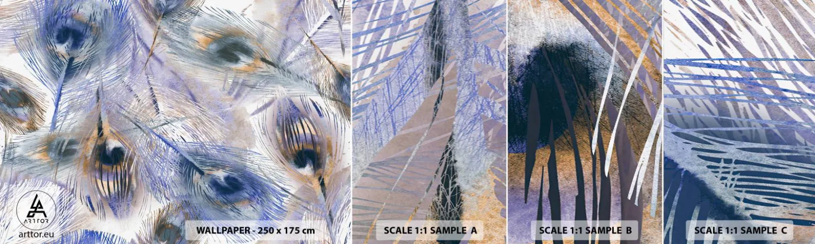 Fototapet Prov Standard Eco - Komposition med påfågelsfjädrar - Abstraktion, Påfågel fjäder, Boho - 100x30 cm