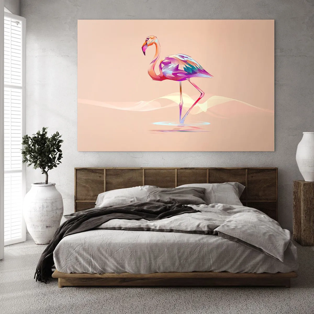 Glastavla - Bild på glas - Färgglad flamingo på en pastellbakgrund - 70x50cm - Goda emotioners fågel - Modern väggdekoration för vardagsrum och sovrum ARTTOR