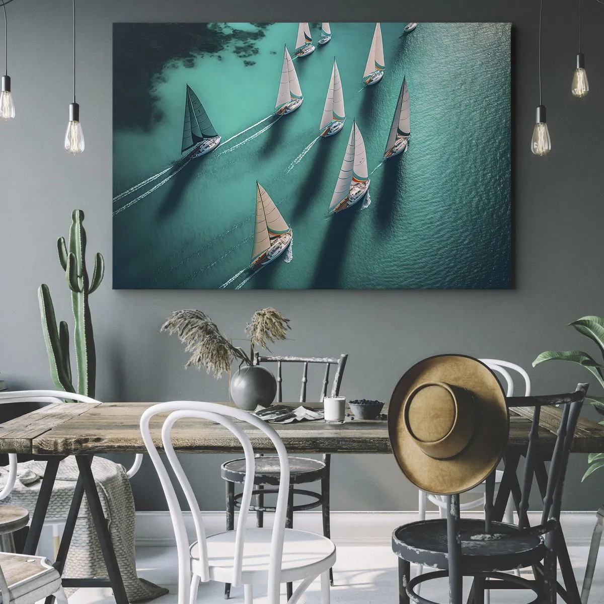 Canvastavla - Bild på duk - Yachter på turkost vatten i dynamisk rörelse - 70x50cm - Tävla med vinden - Modern väggdekoration för vardagsrum och sovrum ARTTOR