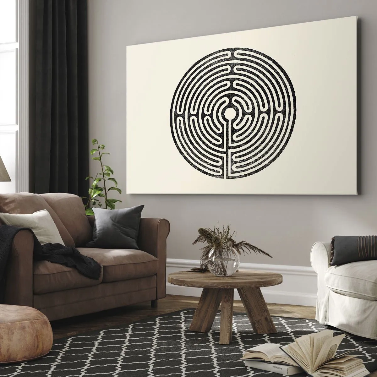 Canvastavla - Bild på duk - Svartvit cirkulär labyrint på en ljus bakgrund - 70x50cm - Mystisk ordning - Modern väggdekoration för vardagsrum och sovrum ARTTOR
