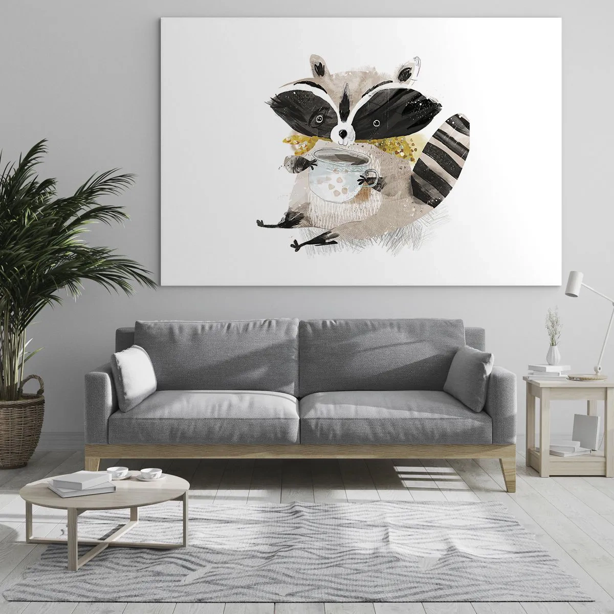 Glastavla - Bild på glas - En söt tvättbjörn som håller en kopp dryck - 70x50cm - Min vän tvättbjörn - Modern väggdekoration för vardagsrum och sovrum ARTTOR