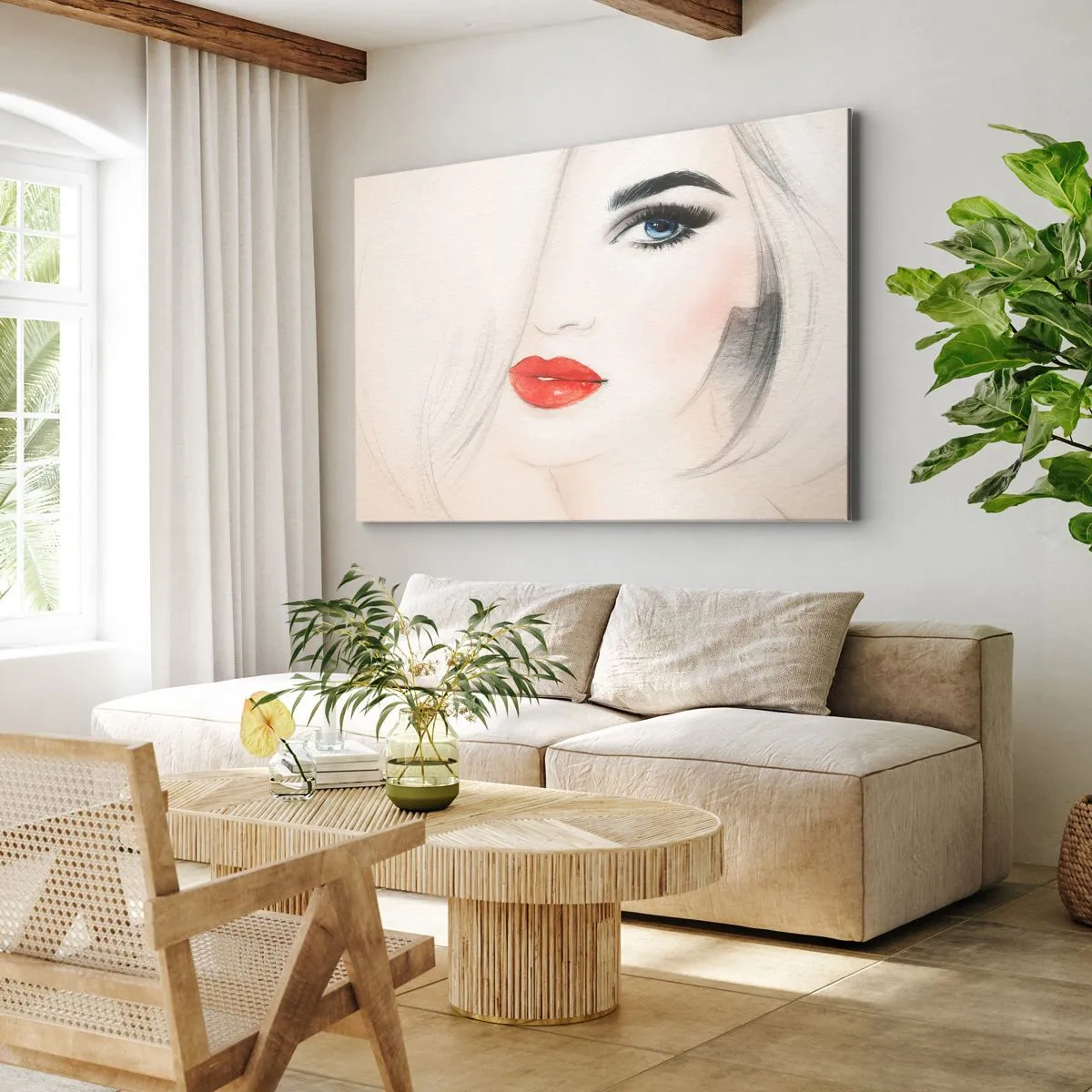 Canvastavla - Bild på duk - Ett minimalistiskt porträtt av en kvinna med blå ögon och röda läppar. - 70x50cm - Hypnotiserar och bedårar - Modern väggdekoration för vardagsrum och sovrum ARTTOR