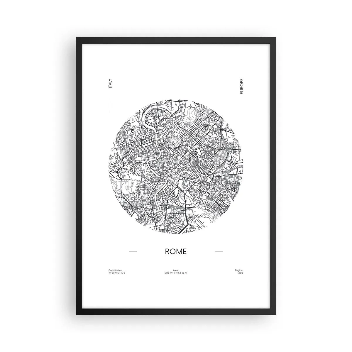 Affisch i svart ram - En minimalistisk karta över Rom i svartvitt. - 50x70cm - Roms anatomi - Modern väggdekoration för vardagsrum och sovrum ARTTOR