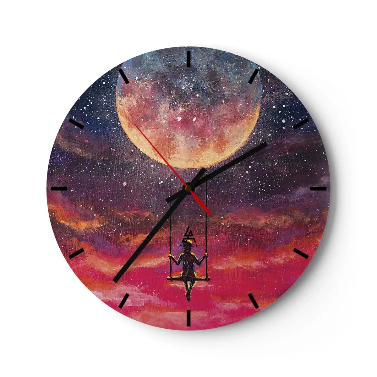 Väggklocka - Klocka på glas - En flicka på en gunga svävande under månen - 30x30cm - Sväva i molnen - Modern väggdekoration för vardagsrum, kök och sovrum ARTTOR
