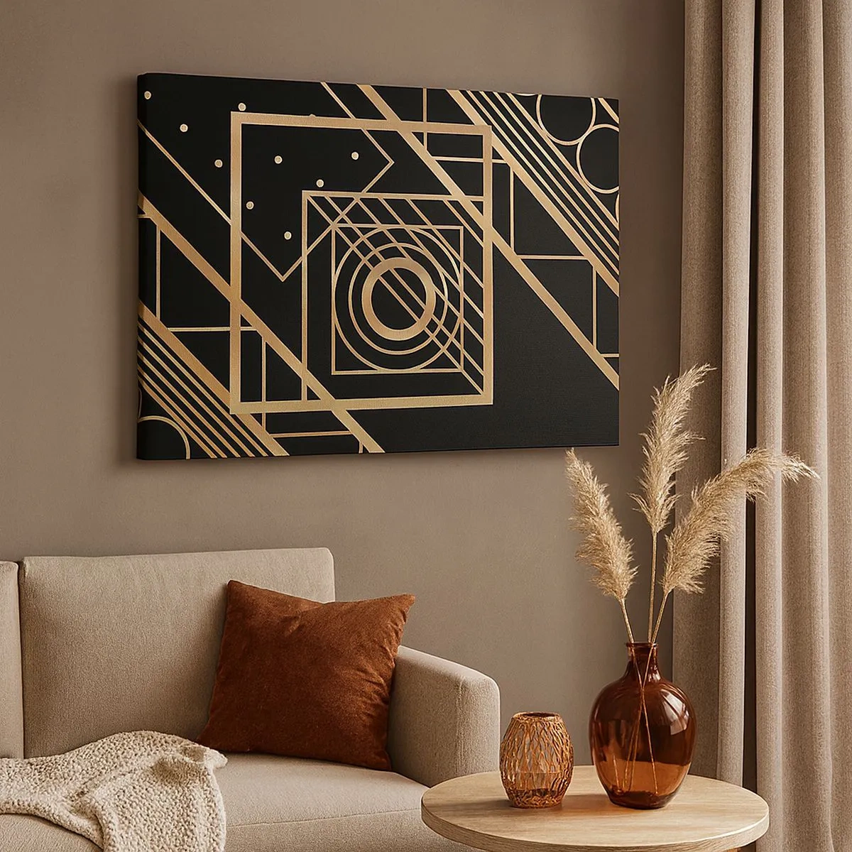 Canvastavla - Bild på duk - Gyllene geometriska mönster på svart bakgrund - 70x50cm - Gyllene geometri - Modern väggdekoration för vardagsrum och sovrum ARTTOR