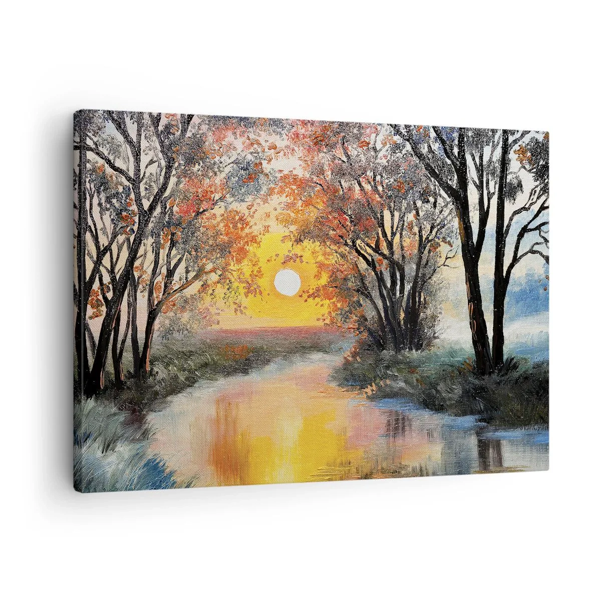 Canvastavla - Bild på duk - Solnedgång över floden i ett höstlandskap - 70x50cm - Höststämning - Modern väggdekoration för vardagsrum och sovrum ARTTOR