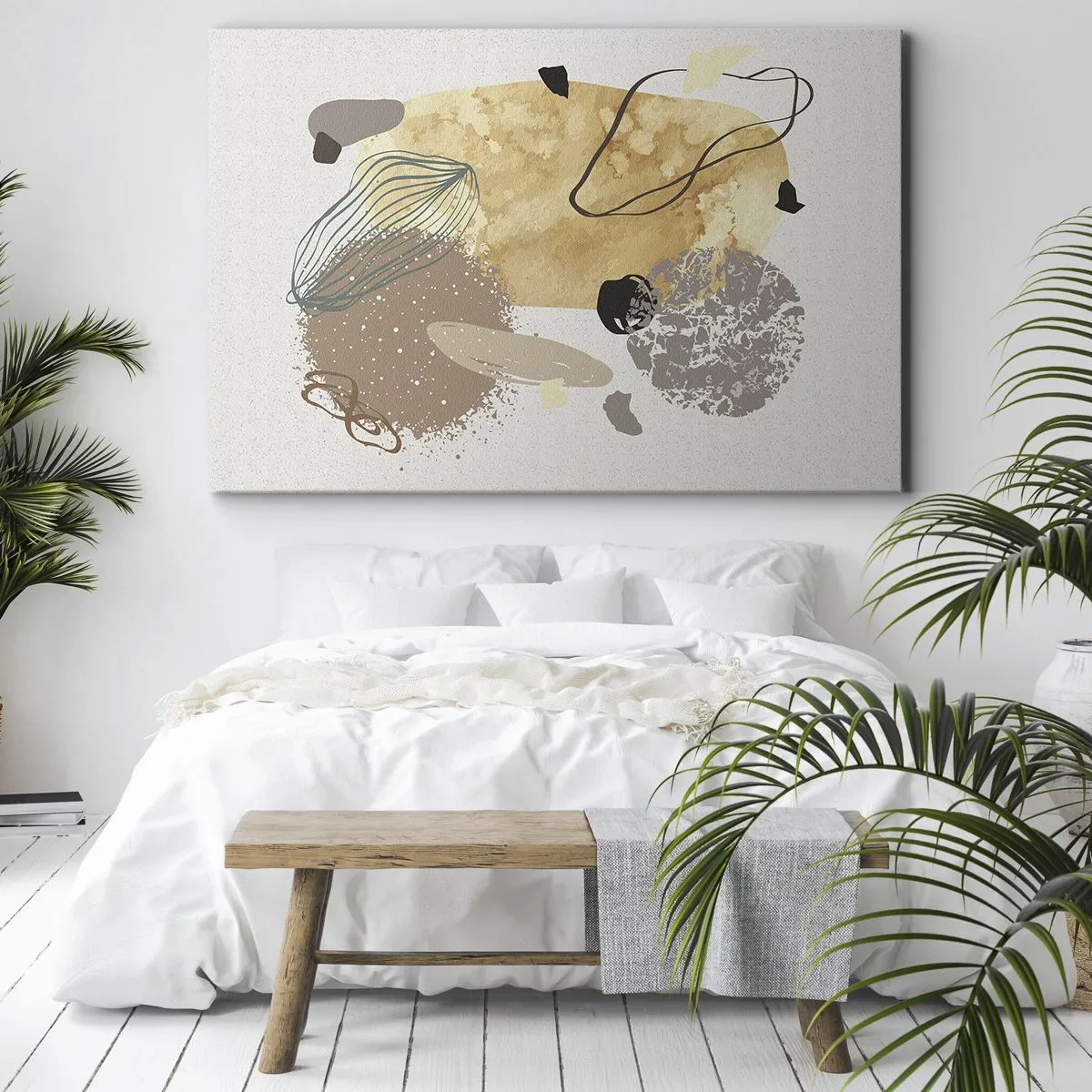 Canvastavla - Bild på duk - En komposition av abstrakta former i beige och gult. - 70x50cm - Olika former - Modern väggdekoration för vardagsrum och sovrum ARTTOR
