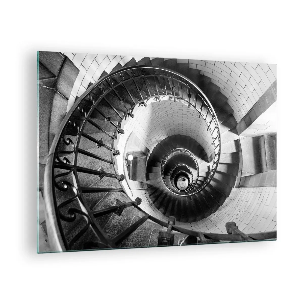 Glastavla - Bild på glas - Svartvitt foto av en spiraltrappa i perspektiv - 70x50cm - Högre och högre - Modern väggdekoration för vardagsrum och sovrum ARTTOR