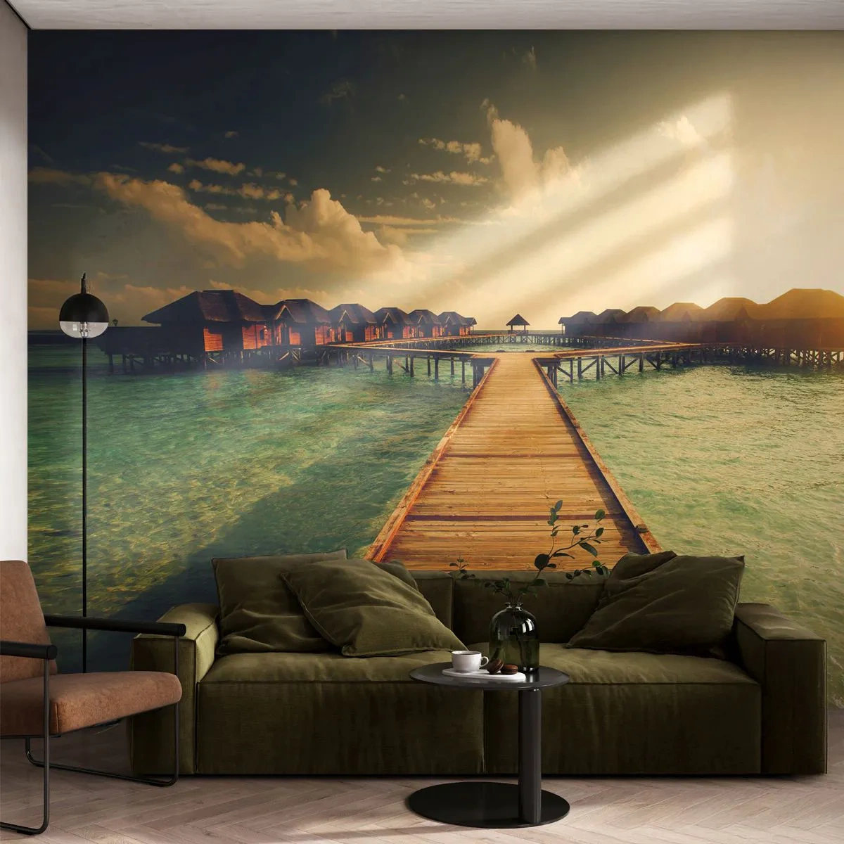 Fototapet Premium Sand - Varm inbjudan - Maldiverna, Landskap, Hus på vattnet - 100x70 cm
