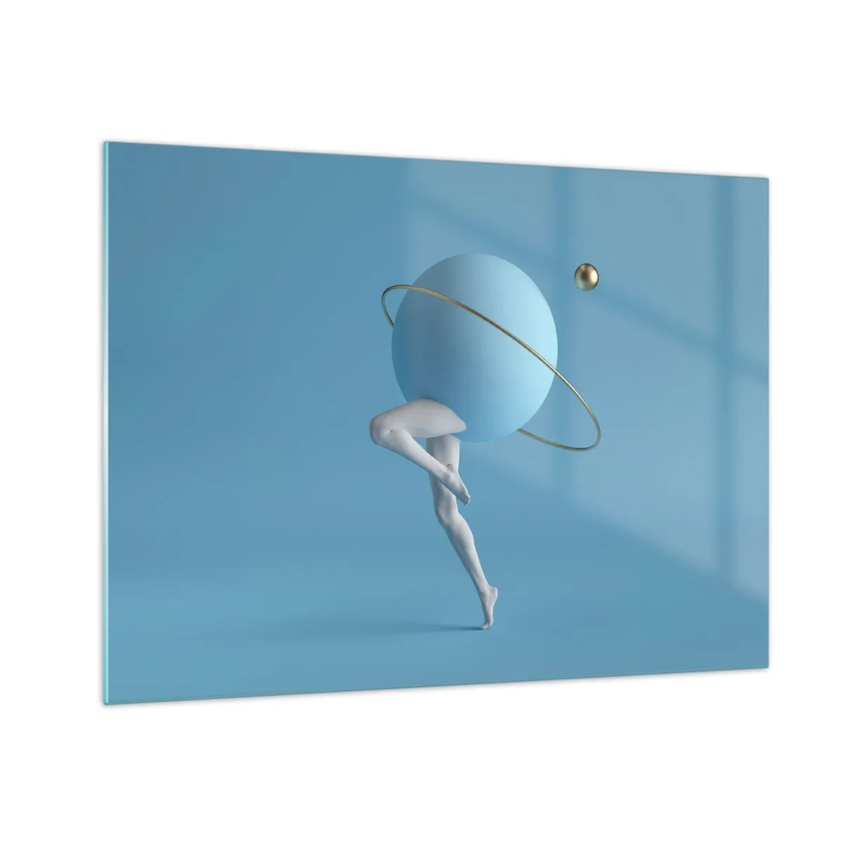 Glastavla - Bild på glas - En minimalistisk komposition av en planet med mänskliga ben på blått. - 70x50cm - Och planeterna blir galna - Modern väggdekoration för vardagsrum och sovrum ARTTOR